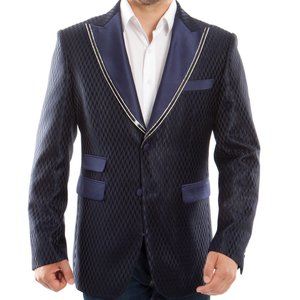 Navy Suede Velvet Shiny Blazer Modern-Fit Sequin Trim